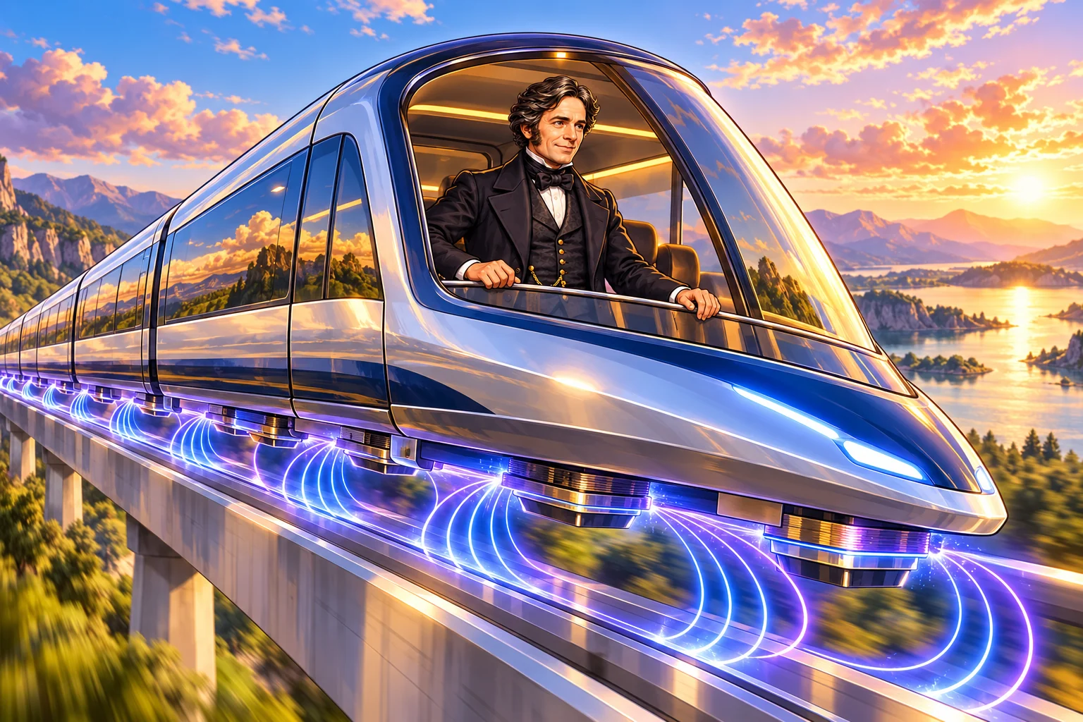 Michael Faraday riding on a magnetically levitating train