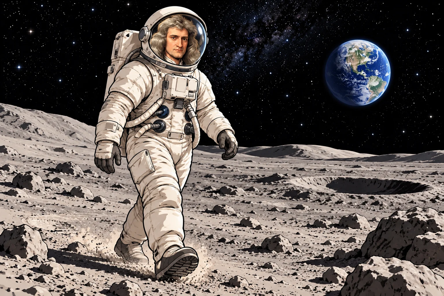 Isaac Newton walking on the Moon in a spacesuit