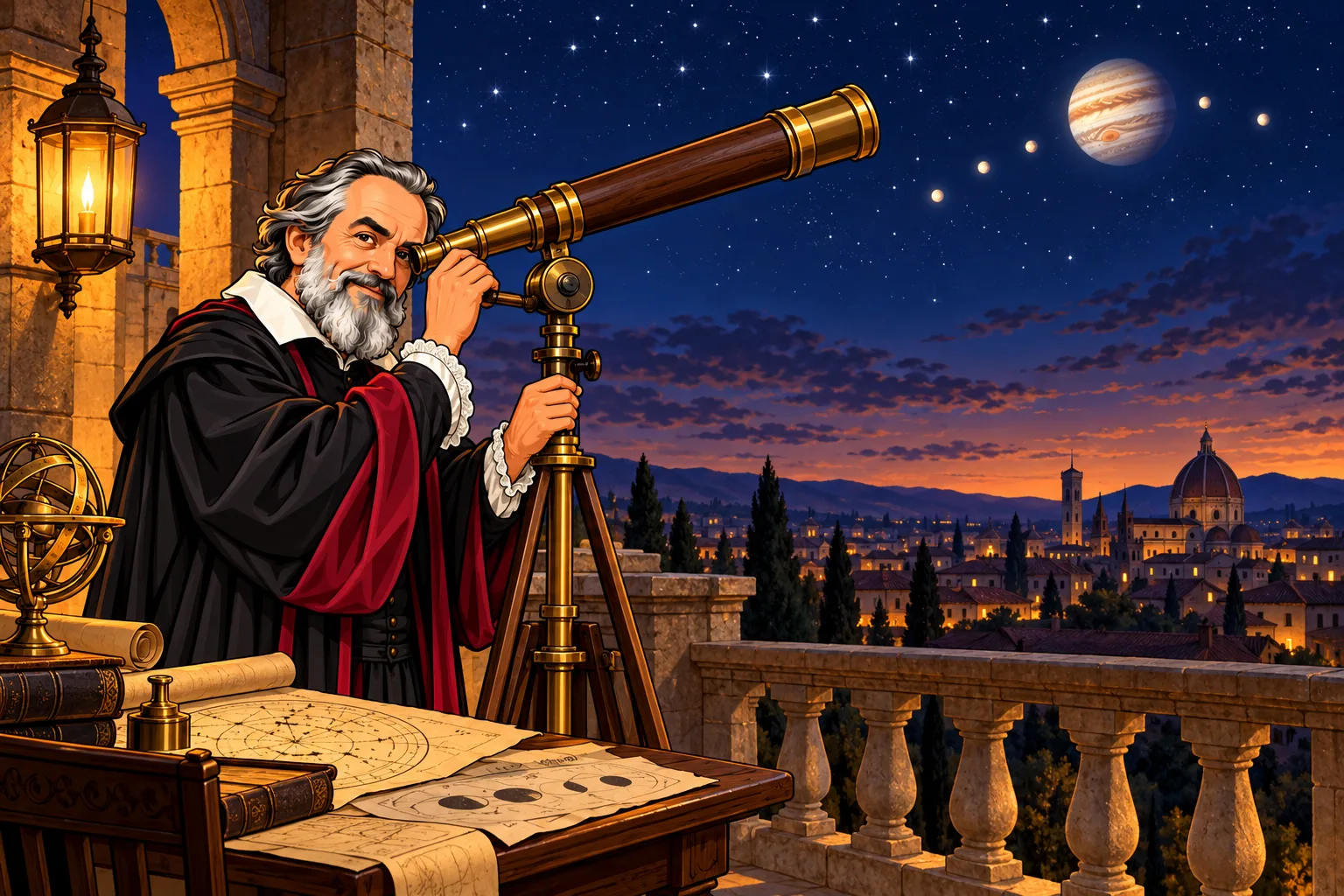 Galileo Galilei observing Jupiter and its moons through a telescope