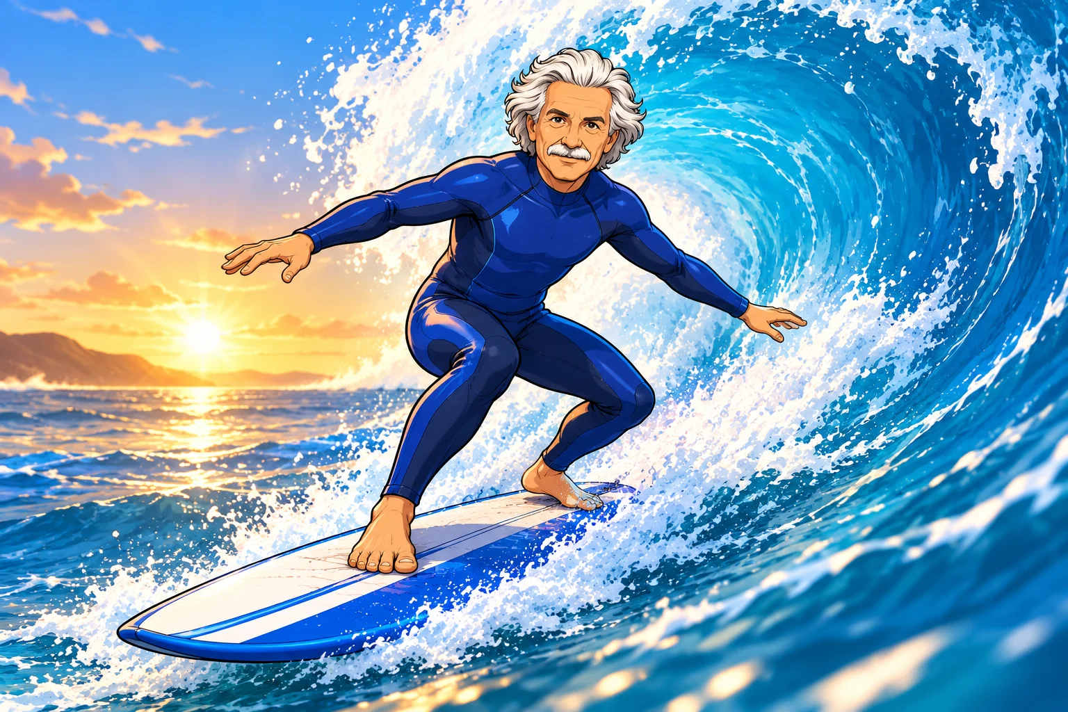 Albert Einstein surfing a powerful wave