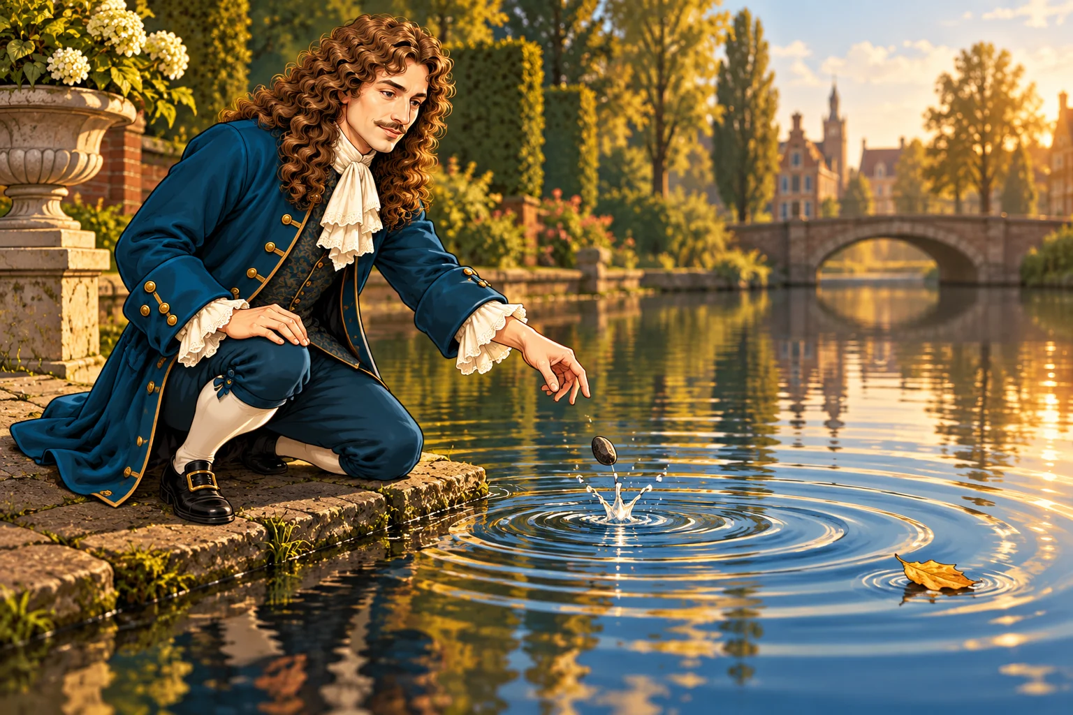 Christiaan Huygens watching ripples spread from a stone dropped into water