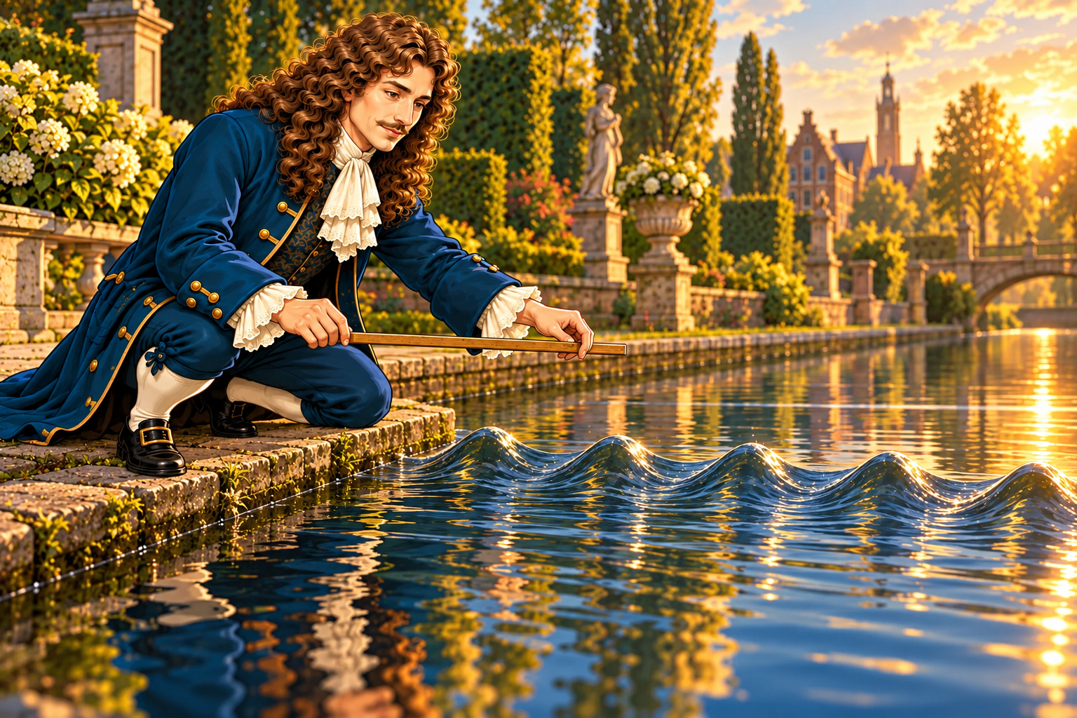 Christiaan Huygens measuring the height and spacing of a regular water wave